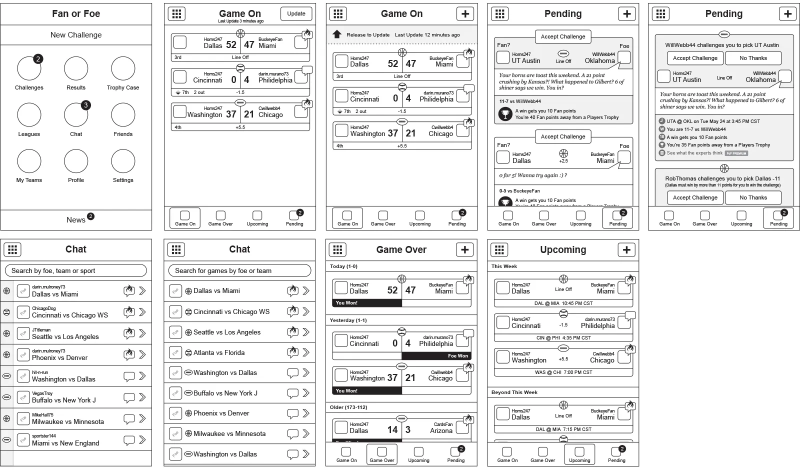 Fan or Foe wireframes
